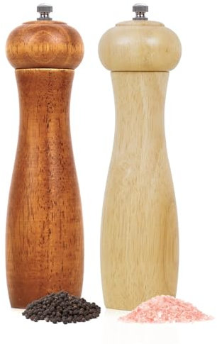 Wellong Wooden Salt and Pepper Grinder Set, 8 Inches Salt Grinder with Adjustable Coarseness Pepper Mill, Refillable Manual Salt Grinder, Oak Wood Salt and Pepper Grinder Mill for Kitchen - 2 Pack