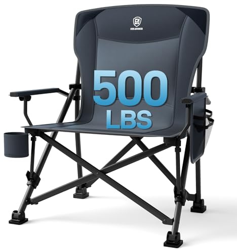 EVER ADVANCED Oversized Folding Camping Chair, for Adults Heavy Duty Lawn Chair with Side Pockets, Portable Collapsible Quad Chair for Outside, Support Up to 500lbs, Grey