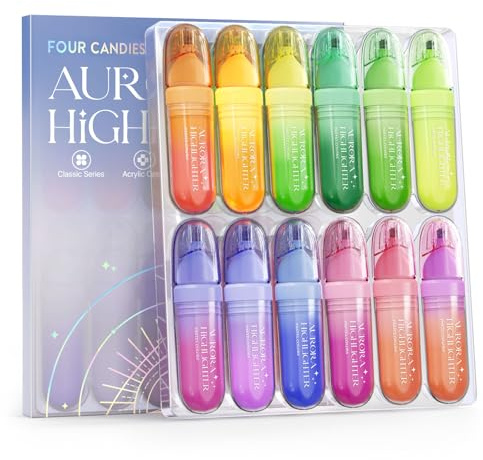 Four Candies 12 Pcs Highlighters Assorted Colors, Cute Pastel Highlighter Set, Dry Quickly, Soft Chisel Tip, Assorted Colors Bible Highlighter for No Bleed, Aesthetic Highlighters for School, Office
