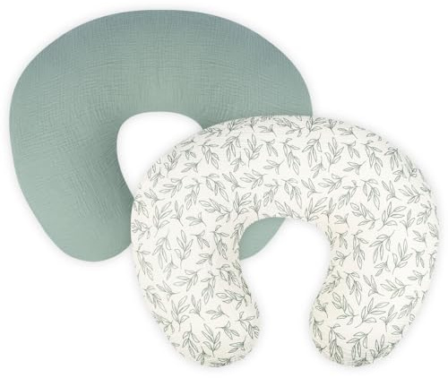 Nursing Pillow Cover - 2-Pack Muslin Cotton Removable Covers for Breastfeeding Pillows, Ultra-Soft Baby Feeding Pillowcase for Boy & Girl, Fits 22.5x18 Pillows (Green Leaf & Sage Green)