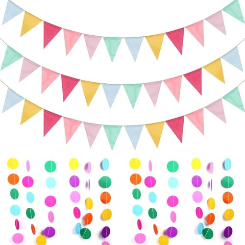 Lot de 5 guirlandes de fanions d'extérieur résistantes aux intempéries, Drapeaux triangulaires Multicolores, pour décorations de fêtes d'anniversaire,de Mariages et de rentrée Scolaire
