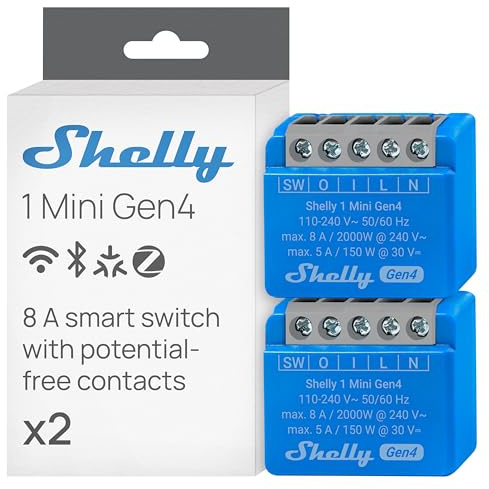 Shelly 1 Mini Gen4 | Wi-Fi, Zigbee & Matter Smart Relay Switch with Dry Contacts, 1-Channel 8A | Home Automation | Alexa, SmartThings, Google, Apple HomeKit Compatible | Garage Door Opener (2 Pack)