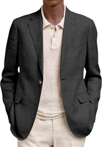 Chaqueta blazer para hombre, tela de lino de algodón, ajuste regular, cierre de dos botones, patrón de espiga, abrigo deportivo versátil para trajes