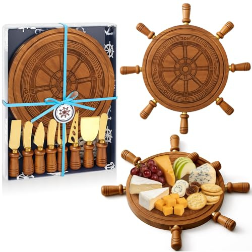 Ziliny Rudder Shaped Charcuterie Board Set, Boating Gifts for Men, Funny Wooden Cheese Board with Knives Cool Gifts for Boat Owners Nautical Accessories for women Men