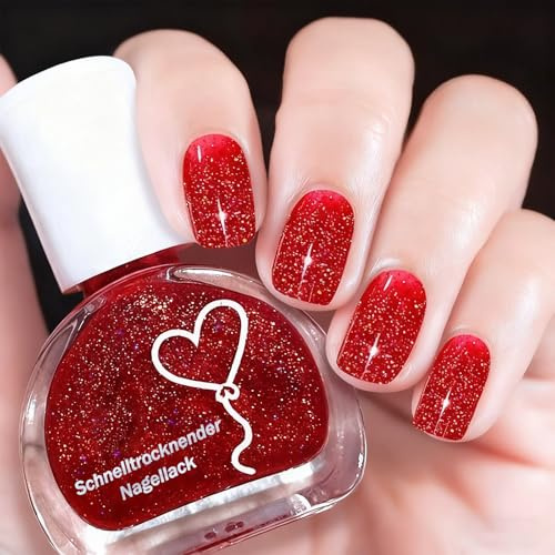 Glänzendes Nagellack Rot - Glänzend, Langanhaltend & Ungiftig, Schimmernder Roter Nagellack, Schnelltrocknend, Kein UV-Lack, bis zu 14 Tage Halt - mit ProWide Pinsel DIY Salon Maniküre zu Hause (Red)