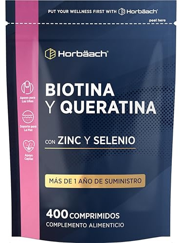 Biotina para el Cabello con Keratina Zinc y Selenio | + de 1 Año de Suministro - 400 Comprimidos | Complejo de Vitamina B7 | Horbaach