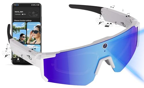 QQCHGOL Gafas Inteligentes de Ciclismo con Inteligencia Artificial, Lentes de Sol Inteligentes con Bluetooth, Control de Voz, reconocimiento de Objetos (Blue Lens+White Frame)