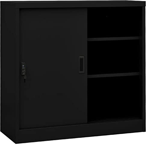 Augerlite Armoire de bureau avec porte coulissante, noire, 90 x 40 x 90 cm, acier, verrouillable, avec 2 étagères réglables, armoire de rangement pour fichiers, documents, outils et ménage