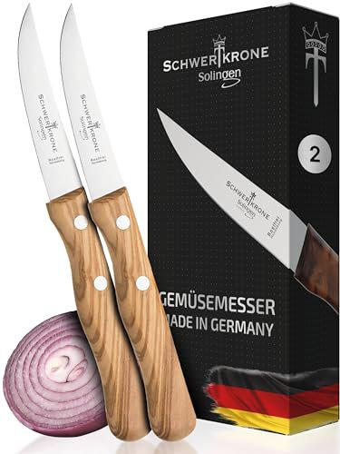 Schwertkrone Solingen - Set di 2 coltelli da cucina per frutta e verdura, in acciaio INOX, in legno d'ulivo, con punta posteriore da 3
