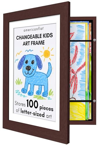 Americanflat Marco Dibujos Infantiles A4 en Caoba - Cuadro de Almacenamiento para Niños para 100 Unidades, Proyectos de Arte, Puzzles y Fotos - Madera de Ingeniería con Vidrio Resistente