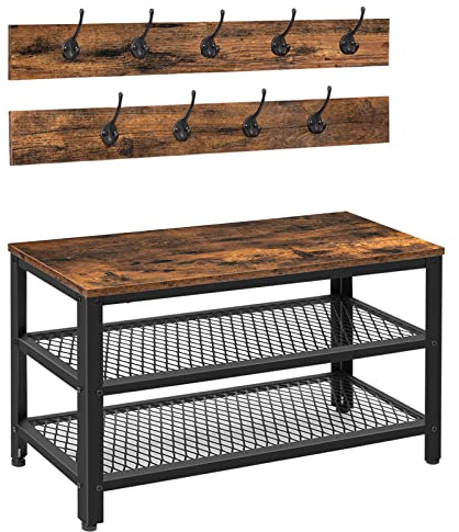 HOOBRO Hall Tree Entryway Storage Bench, Coat Rack Shoe Bench, Shoe Rack Organizer with Coat Hooks, 3-in-1 Design, Wooden Furniture with Metal Frame, Rustic Brown and Black BF17MT01
