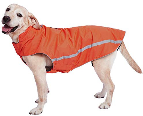 Wasserdichter Hundemantel Hundejacke mit Kragenloch Klettverschluss Fleece gefüttert reflektierender Wintermantel für mittelgroße große Hunde Orange 5XL