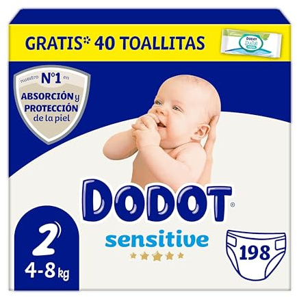 Dodot Couches bébé Sensitive Taille 2 (4-8 kg), 198 couches + 1 Pack de 40 Lingettes Gratuites Soin Total Aqua, Absorption et Protection de la Peau de Dodot, Pack Mensuel