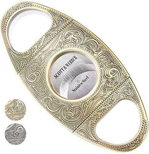 Scott & Webber® - Zigarrenschneider mit Doppelklinge aus Edelstahl - Zigarren Zubehör für großes Ringmaß - Inkl. Lederetui und edler Verpackung (Gold/Bronze)