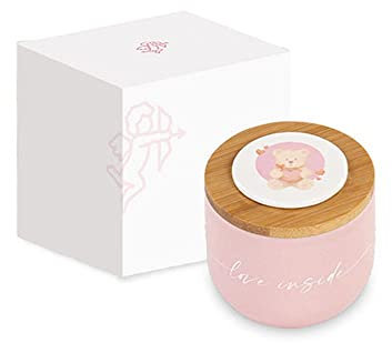 CANDELA Profumata 8x8 cm in vasetto celebrativo per evento cerimonia bomboniera in scatolina bomboniere di classe (Rosa con orsetto)