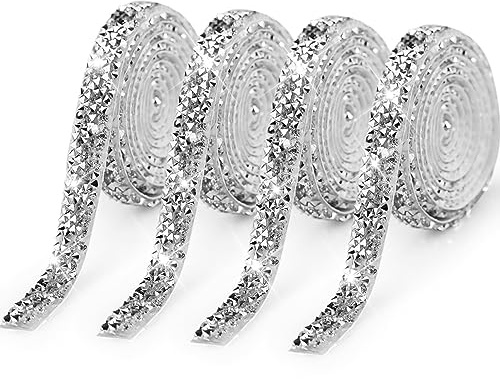 4 Rolls Crystal Resin Rhinestone Ribbons Self-Adhesive Ribbon Roll Glitter Resin Diamond Belt Bling Sparkling Diamond Ribbon Bling Stickers Wrap Crystal Roll for DIY Arts Crafts（Silver, 10mm)