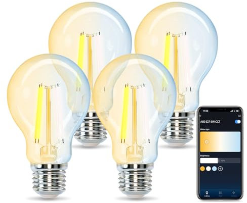 Aigostar Edison Ampoule Connectée WiFi E27 6W Ampoules Vintage Intelligente LED A60, Compatible avec Alexa et Google Home, Ampoule WiFi Dimmable 2700K-6500K, Transparent 4 Unités