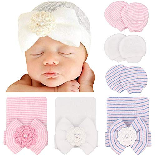 DRESHOW Neugeborene Baby Mütze Fäustlinge Krankenhaus Hut Beanie Säuglingshüte mit Schleife Baby Handschuhe for 0-3 Monate