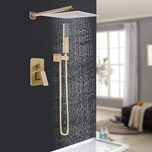 Messing Duschsystem, 12 Zoll Gold Unterputz Duscharmatur Set, Dusch Armatur Duschset, Badezimmer Regendusche Brause, mit Handbrause, Duschsäule Dusche, für Haus und Hotel