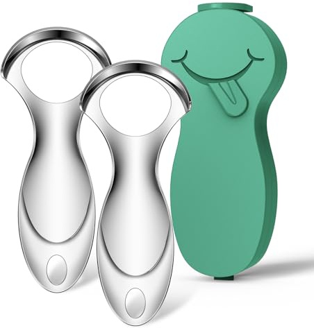 RONAVO Tongue Scraper, Short Handle for Optimal Control, Removes Tongue Coating, Freshens Breath, Metal Tongue Cleaner with Elegant Green Travel Case, Stainless Steel