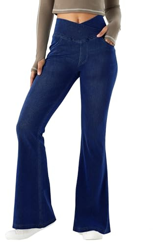 LaiEr Pantalones de Yoga para Mujer con Cintura Alta en V, Pantalones de con Corte de Bota Estampado Vaquero, Pantalones de Fitness Entrenamiento Acampanados con Bolsillos Laterales.