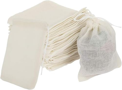 GJFWQC 50 Pack 100% Cotton Muslin Drawstring Bags, Resuable Small Mesh Bag for Cooking, Soaking Medicinal Liquor, Tea Coffee Filter, DIY Carft Spices Storage, Crafts Soap Nuts Gift Bag Size 8cm*10cm ﻿