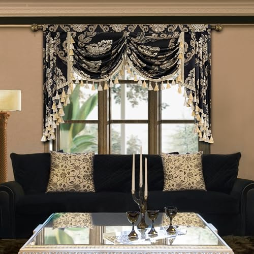 TOPLUXE Swag Valance for Windows, Jacquard Waterfall Short Curtain with Tassels for Bedroom Living Room Kitchen Decoration, Rod Pocket (Width 150cm, Black)