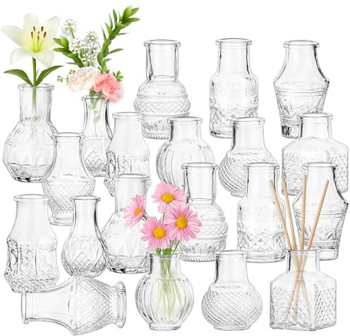 Orifesio Small Glass Vase Set of 20, Mini Clear Bud Vases, Small Vases for Flowers, Vintage Vase for Table Decorative Centrepiece, Rustic Decorations Home Wedding Party Table Decor