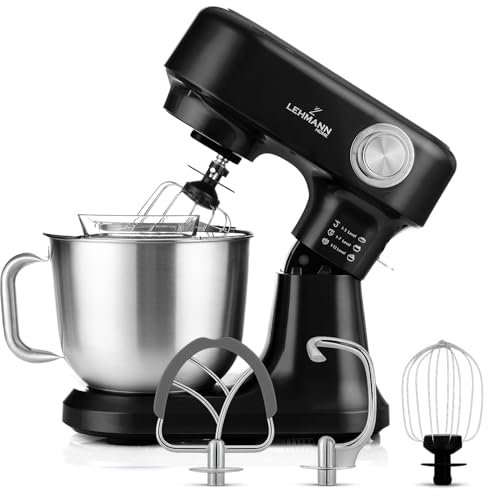 LEHMANN Robot Pâtissier avec 3 Mélangeurs - Fouet, Batteur, Crochet, 12 vitesses, Bol 5L, Anti-éclaboussures, Protection Surchauffe, Petrin pour préparer Pâtes à Gâteau, Pizza et Pain, Noir