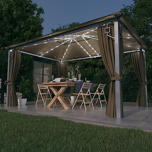 Gazebo da Giardino con Luci Solari, Tende laterali e Zanzariere, Struttura in Alluminio e Acciaio, Design Classico, Gazebo Campeggio, Tenda per Feste, per Giardino e Spiaggia,Tortora, 400x300x270 cm