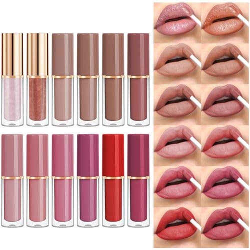 LOPHE Set Pintalabios Permanente, 12 Colores Labiales Liquidos Mate, Hidratante Impermeable, Lápiz Labial Conjunto En Caja, Lip Glaze de Larga Duracion, Kit de Maquillaje de Labios para Mujeres
