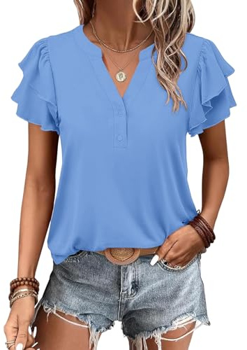 Cuptacc Camicia Donna Elegante Magliette Eestive Scollo a V Top Estivi con Volant Maglietta Maniche Corte Classica Blusa Donna Turchese XXL 50-52