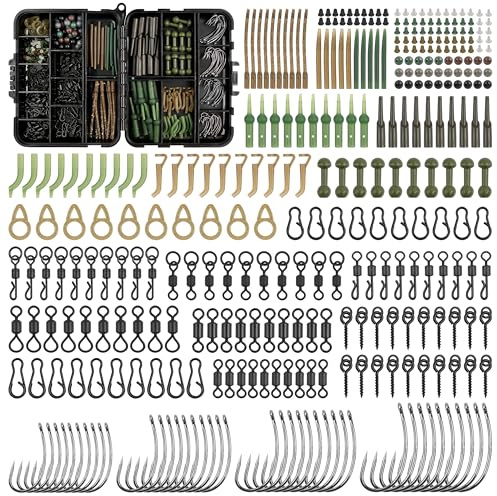 330pcs Carp Fishing Tackle Box Set Carp Rigs Making Kit Carp Fishing Accessories Including Various Matte Black Swivels Safety Clips Hooks Anti Tangle Sleeves Hook Stops Beads Boilie Bait Screw Rigs