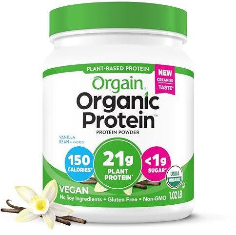Orgain Organic Vegan Protein Powder, Vanilla Bean - 21g of Plant Based Protein, Low Net Carbs, Non Dairy, Gluten Free, Lactose Free, No Sugar Added, Soy Free, Kosher, 1.02 Pound (Packaging May Vary)