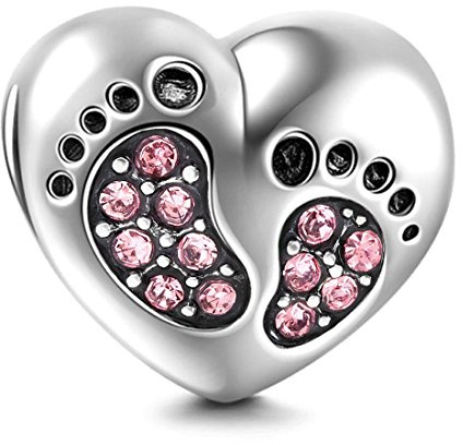 Abalorio de plata de ley 925 con forma de corazón y huellas de pies de bebé, para cumpleaños y aniversario, compatible con pulseras Pandora, 11.3mm x 9.2mm, Plata de ley