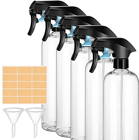 ImnBest 5 Pcs 500ml Sprühflaschen+beschriftbare Etiketten, Nachfüllbare Leere Sprühflasche für Haushalt und Garten,Friseurwerkzeuge, Gießkanne, Blumensprühgerät, Multifunktionale Sprühflasche