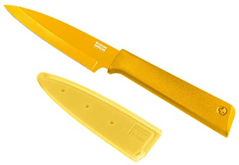 KUHN RIKON Colori+ - Cuchillo de cocina (hoja recta con protector de hoja, antiadherente, acero inoxidable, 19,5 cm), color amarillo