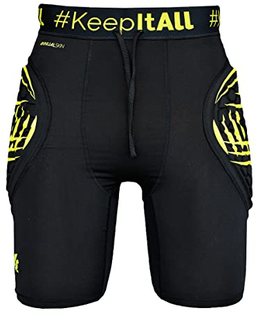 KEEPERsport - Pantaloncini da portiere imbottiti – Pantaloni protettivi corti per portiere Underwear – Taglia 128-XXL – Nero, nero e giallo, imbottitura resistente, 164 cm