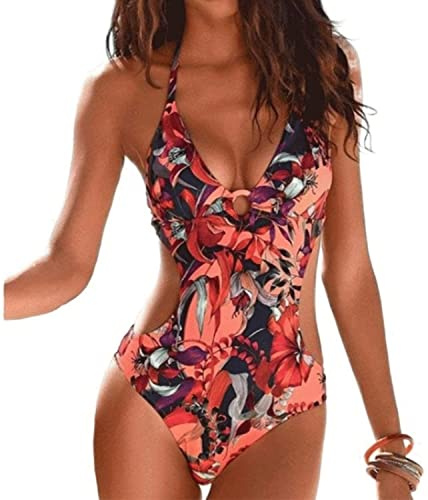 Mujeres Retro Cintura Alta Trajes de Baño Una Pieza Bañador Trajes de Brasileño Conjunto de Bikini Push up Ropa de Baño Cuello en V Mujer Bikini con Cuello Halter Acolchado y Volante Acanalado