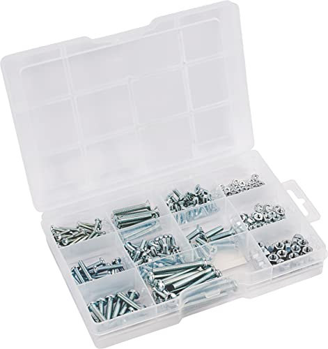 Connex Assortiment de 265 vis filetées – Différentes tailles – Tête fraisée et tête bombée – Entraînement PH Phillips – Filetage complet – Galvanisé – Comprend écrous/jeu de vis/boîte d'assortiment /