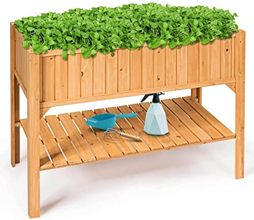 InTheMarket Carré Potager Surélevé Lit de Jardin sur Pieds avec Etagère Inférieure de Rangement en Bois Naturel pour Terrasse/Balcon/Jardin