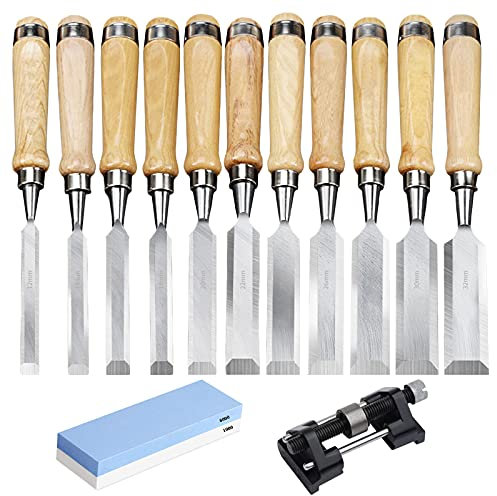 Gravur 11-teiliges Holzmeißel-Set, Chrom-Vanadium-Stahl und Massivholzgriff, Holzbearbeitungs-Schnitzwerkzeug-Set mit Honführung und Schärfstein für Zimmerei, Holzbearbeitung, Schnitzen (Größe: 1