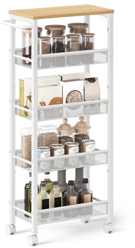 VASAGLE Rollwagen 5 Ebenen, Küchenwagen schmal, Nischenregal auf Rollen, Stahl, Griff, für kleine Räume, 22 x 45,4 x 99,6 cm, Küche, Bad, Wohnzimmer, Arbeitszimmer, eichenfarben-weiß LRC035W09