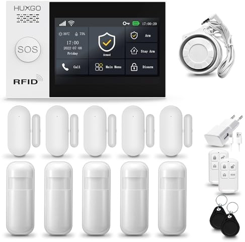 HUXGO® HXA007 Alarme Maison sans Fil WiFi + GSM 4G avec Sirène | Système d'alarme Domestique avec 5X détecteurs de Mouvement, 5X capteurs de Porte | Alarme sans Fil avec TUYA App.