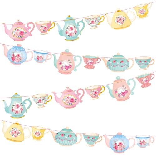 Faccito 5 Pcs Vintage Tea Party Decoration Banner Double Sided Floral Tea Party Hanging Teapot Cutout Paper Banner Assembled for Bridal Shower Birthday Decor