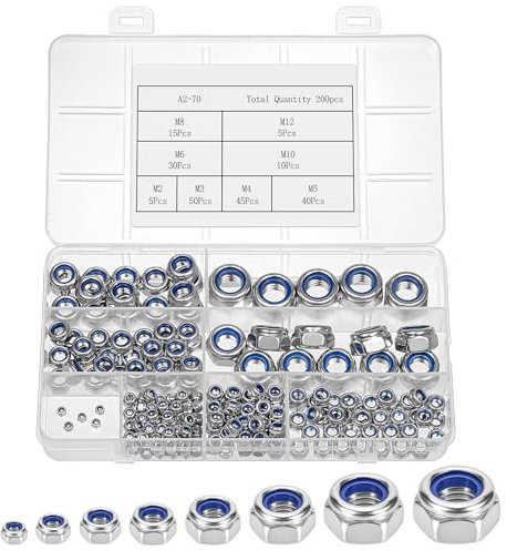 Bczhieulw 200 PCS selbstsichernde muttern，Sicherungsmuttern， A2-70 Edelstahl Muttern， Nylon selbstsichernd Sechskant Schraubenmuttern， 8Größe muttern set： M2 M3 M4 M5 M6 M8 M10 M12
