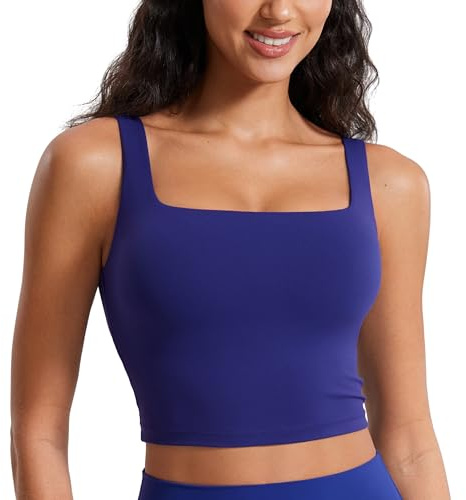 CRZ YOGA Women's Butterluxe Square Neck Sports Bra Padded Wireless Crop Top Gym Workout Tank Tops Camisole with Built in Bra Larkspur Blue 10