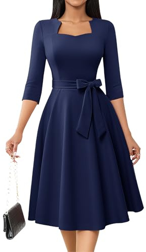 HomRain Formella cocktailklänningar för kvinnor utsvängda bröllopsgäster med 3/4 ärmar A-linje tebjudning vintage kyrkklänning, Marinblått Xsp, XL