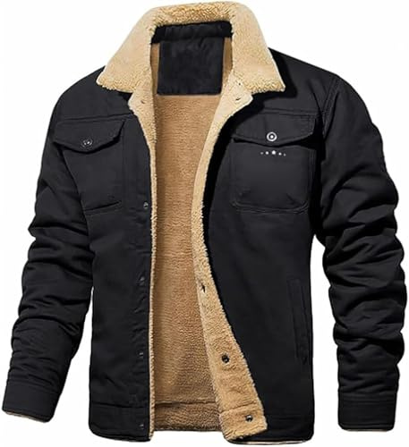 APRILADY Vestes cargo doublées en polaire pour homme, manteaux d'hiver chauds et épais, vestes de camionneur décontractées, veste de cowboy western rétro, Noir , L