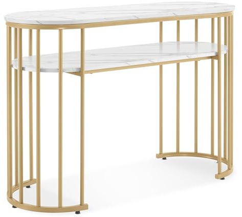 M MCombo Schreibtisch ohne Schubladen, Schminktisch ohne Spiegel Marmor-Weiß Gold, Manikürtisch, Nageltisch aus Holz Metallgestell, Computertisch Wohnzimmer Modern, 45 x 114 x 78cm, 2482
